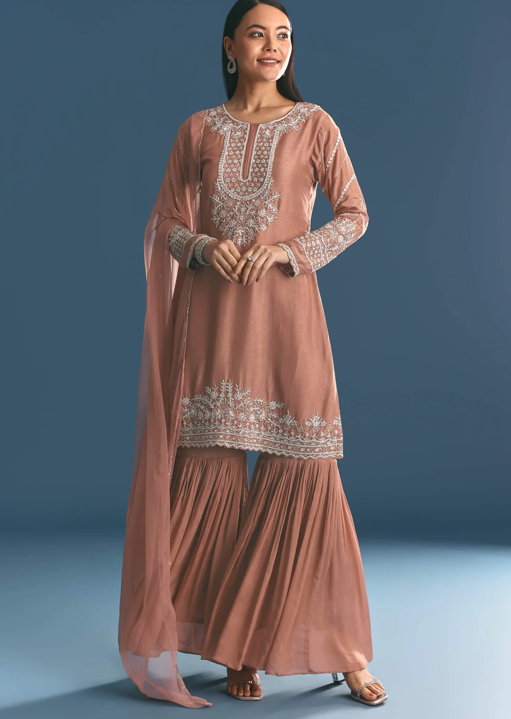 Peach Silk Kurta Sharara Suit With Cutdana Sequins Work