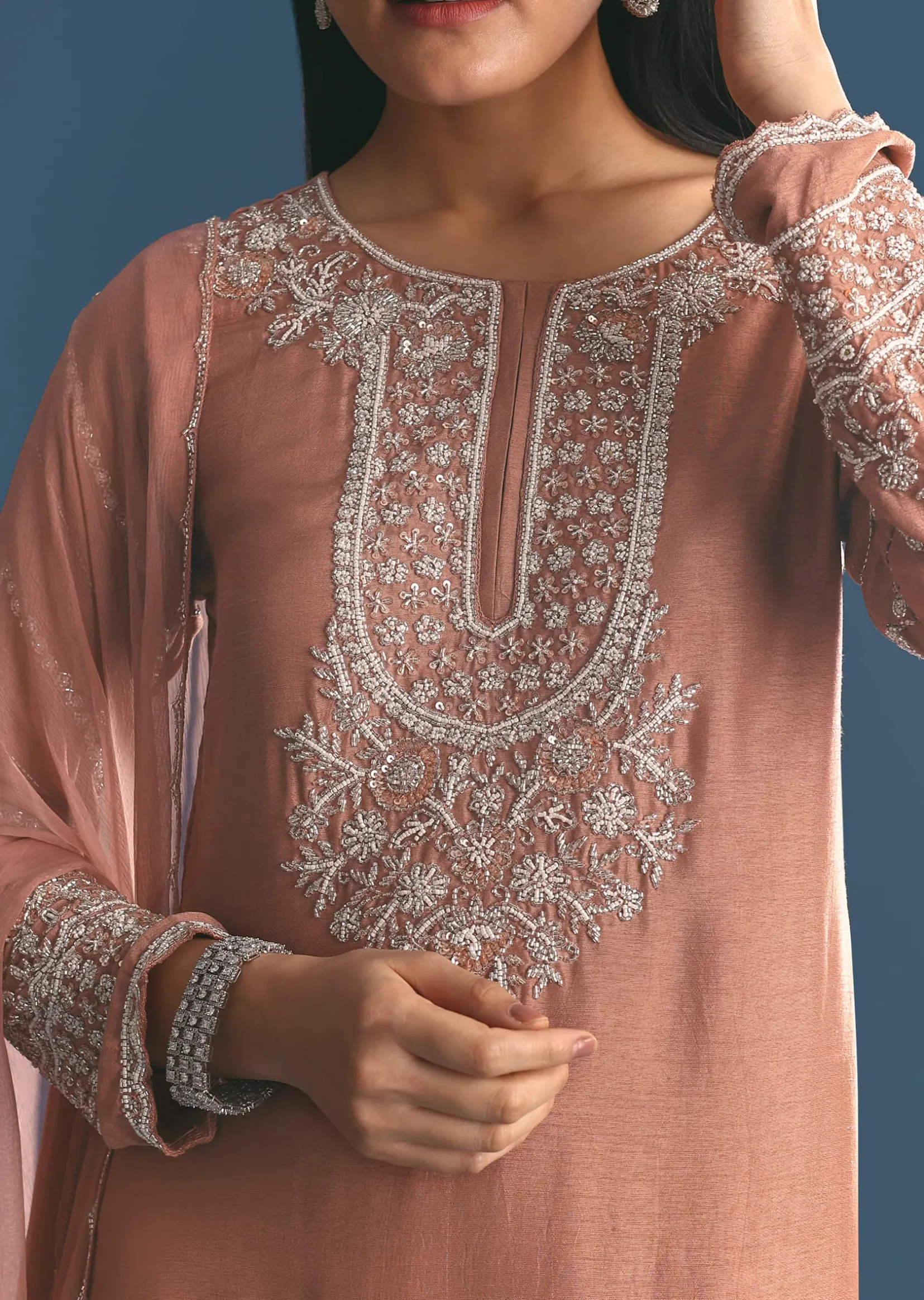 Peach Silk Kurta Sharara Suit With Cutdana Sequins Work