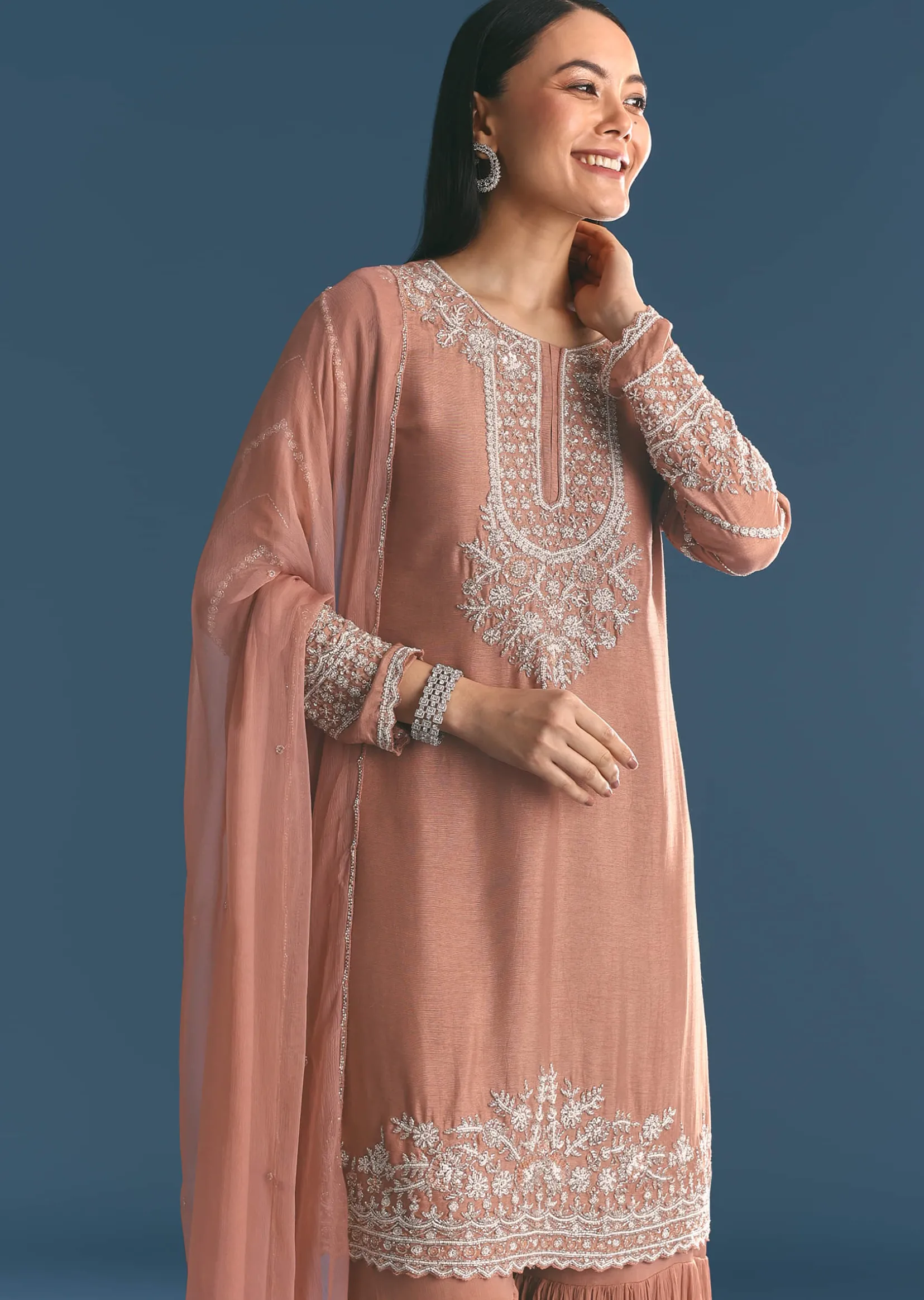 Peach Silk Kurta Sharara Suit With Cutdana Sequins Work