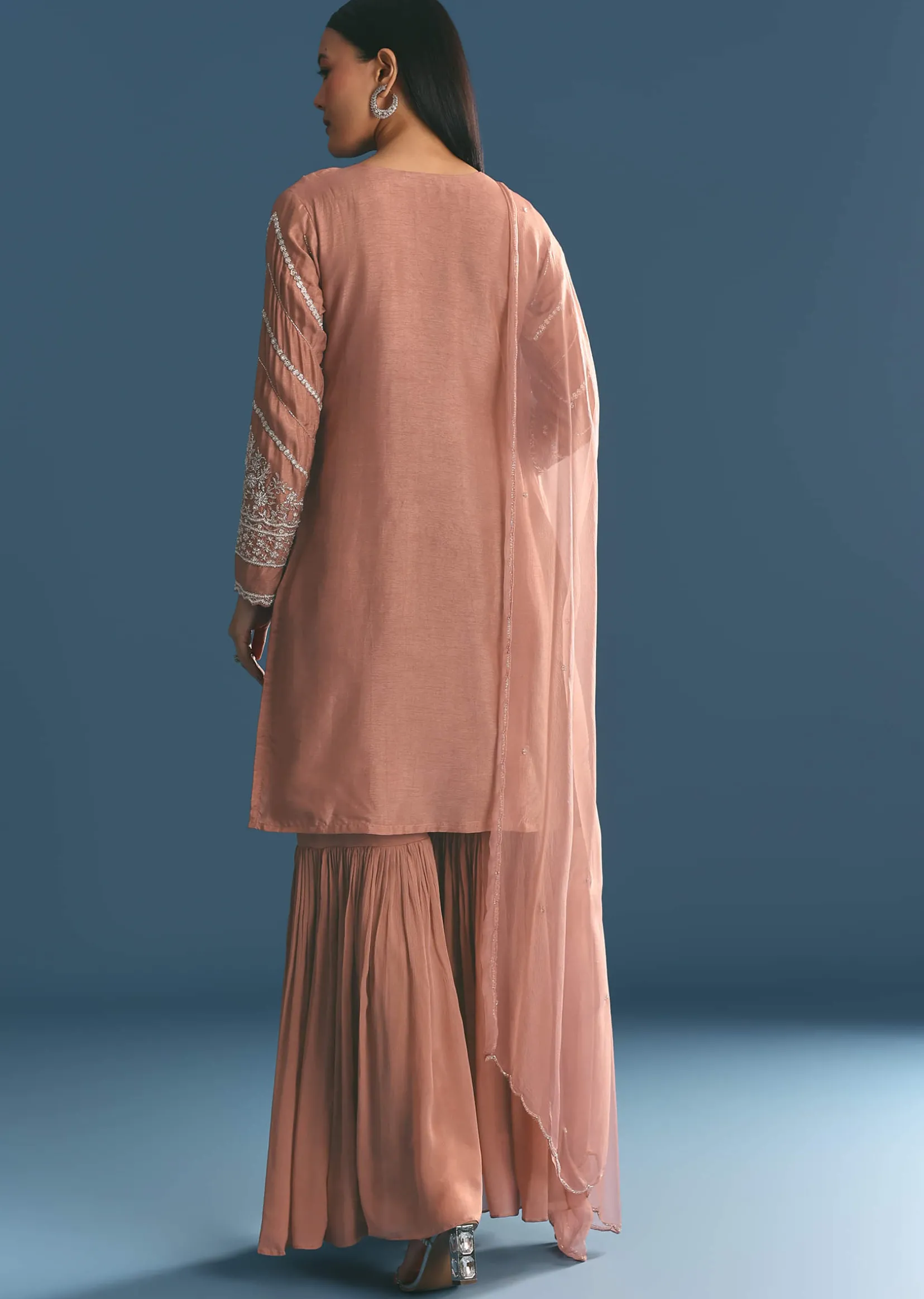 Peach Silk Kurta Sharara Suit With Cutdana Sequins Work