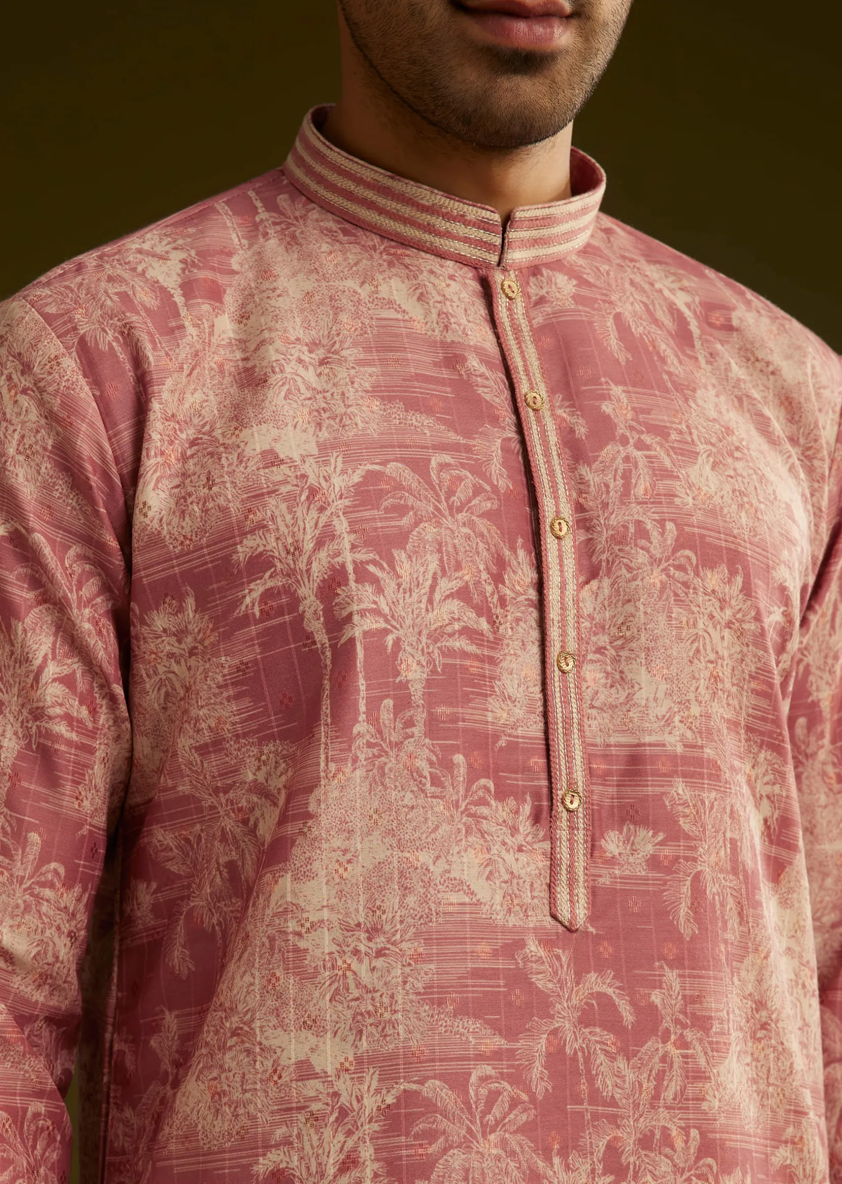 Peach Silk Printed Kurta Set With Tree Motifs