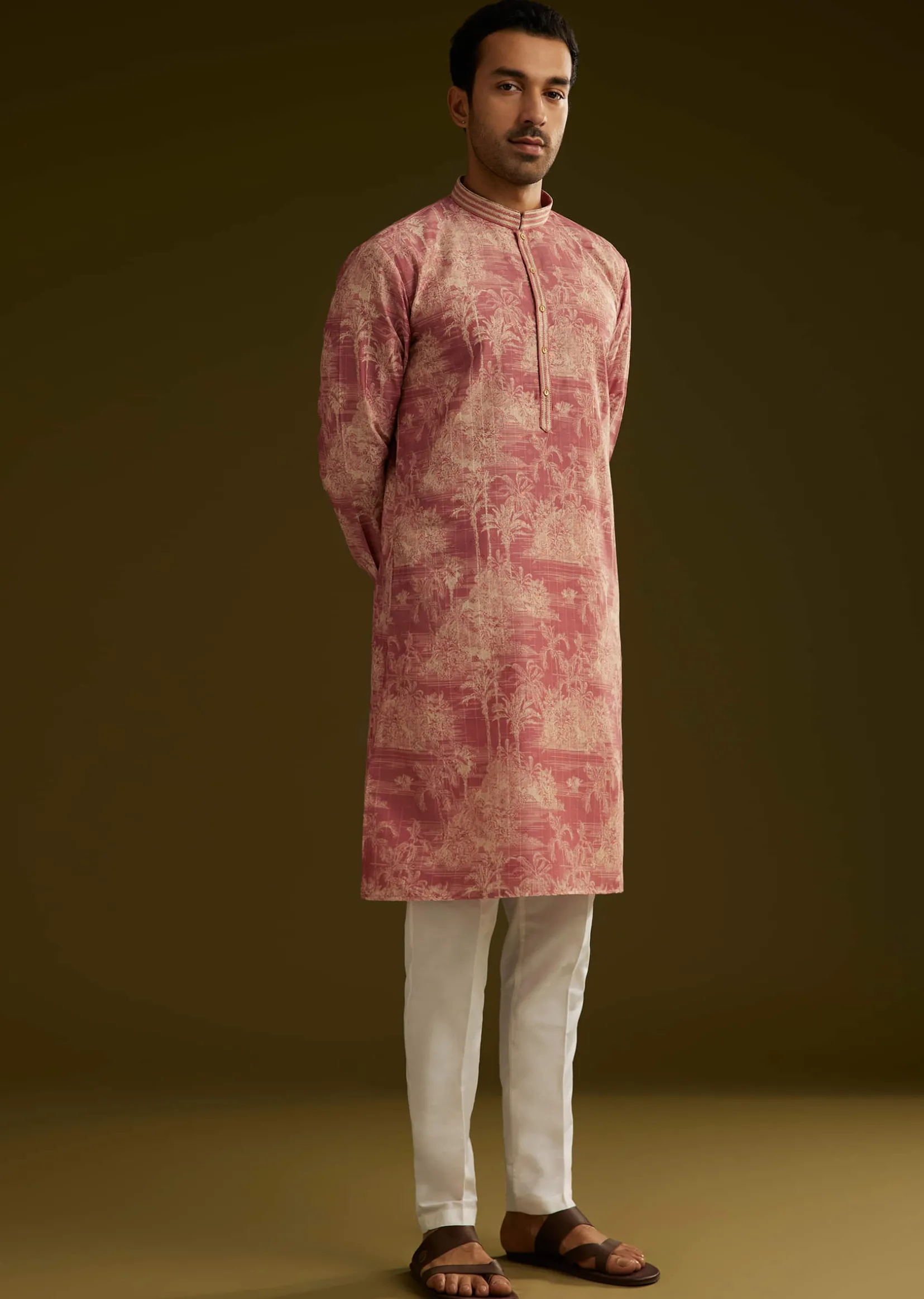 Peach Silk Printed Kurta Set With Tree Motifs