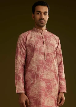 Peach Silk Printed Kurta Set With Tree Motifs