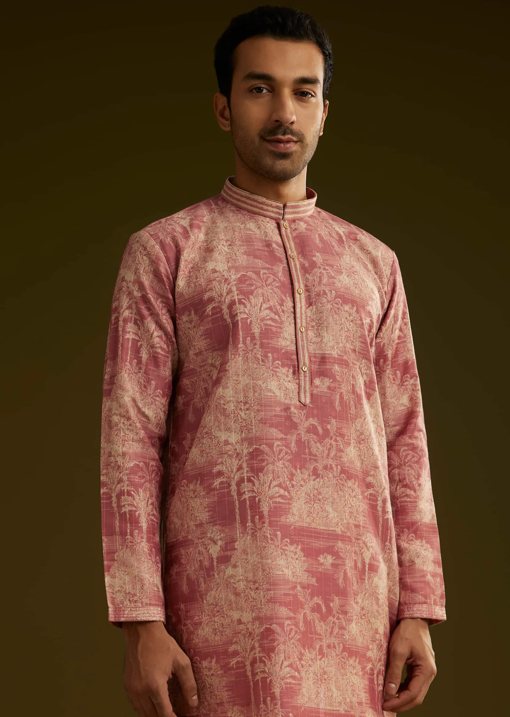 Peach Silk Printed Kurta Set With Tree Motifs