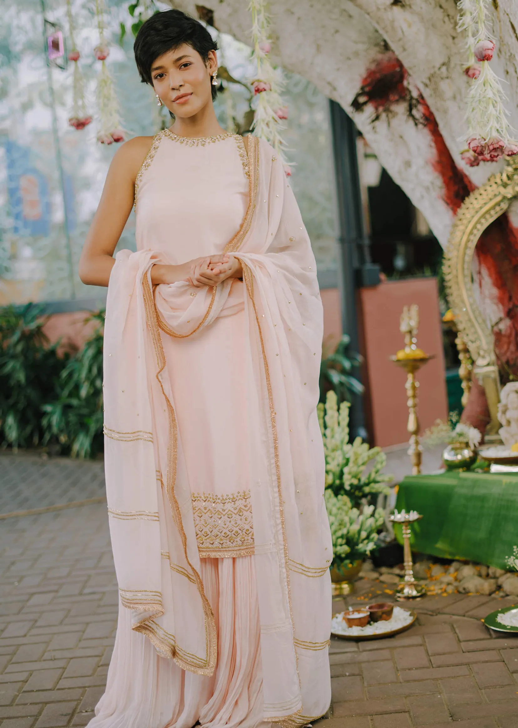 Peach Silk Sharara Set With Hand Work Detail