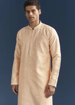 Peach Silk Textured Kurta Set For Men With Thread And Mirror Work