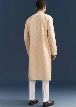 Peach Silk Textured Kurta Set For Men With Thread And Mirror Work