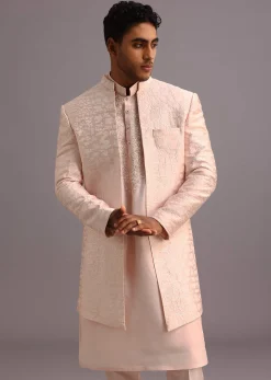 Peach Silk Thread Resham Work Sherwani Set