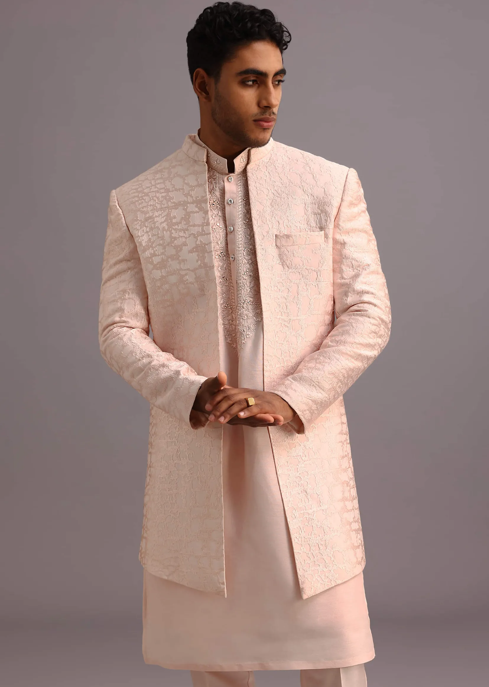 Peach Silk Thread Resham Work Sherwani Set