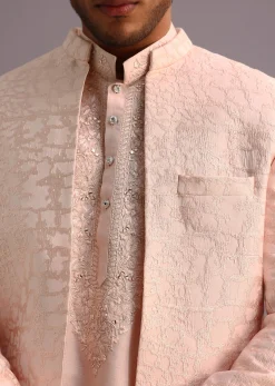 Peach Silk Thread Resham Work Sherwani Set