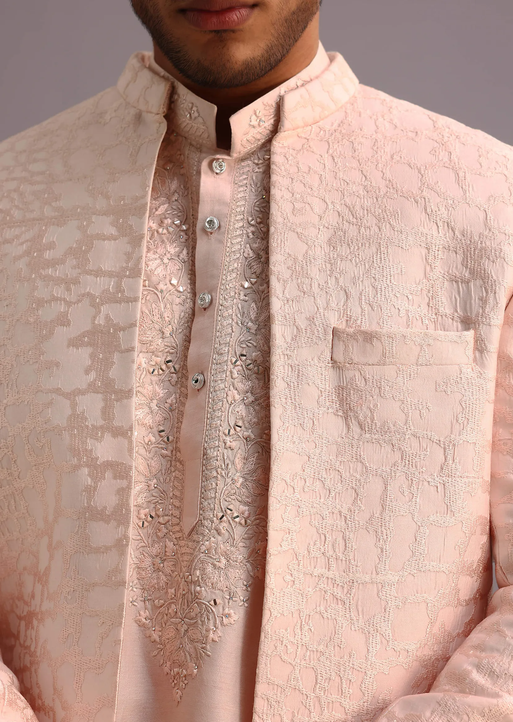 Peach Silk Thread Resham Work Sherwani Set