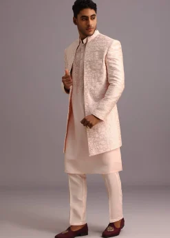 Peach Silk Thread Resham Work Sherwani Set