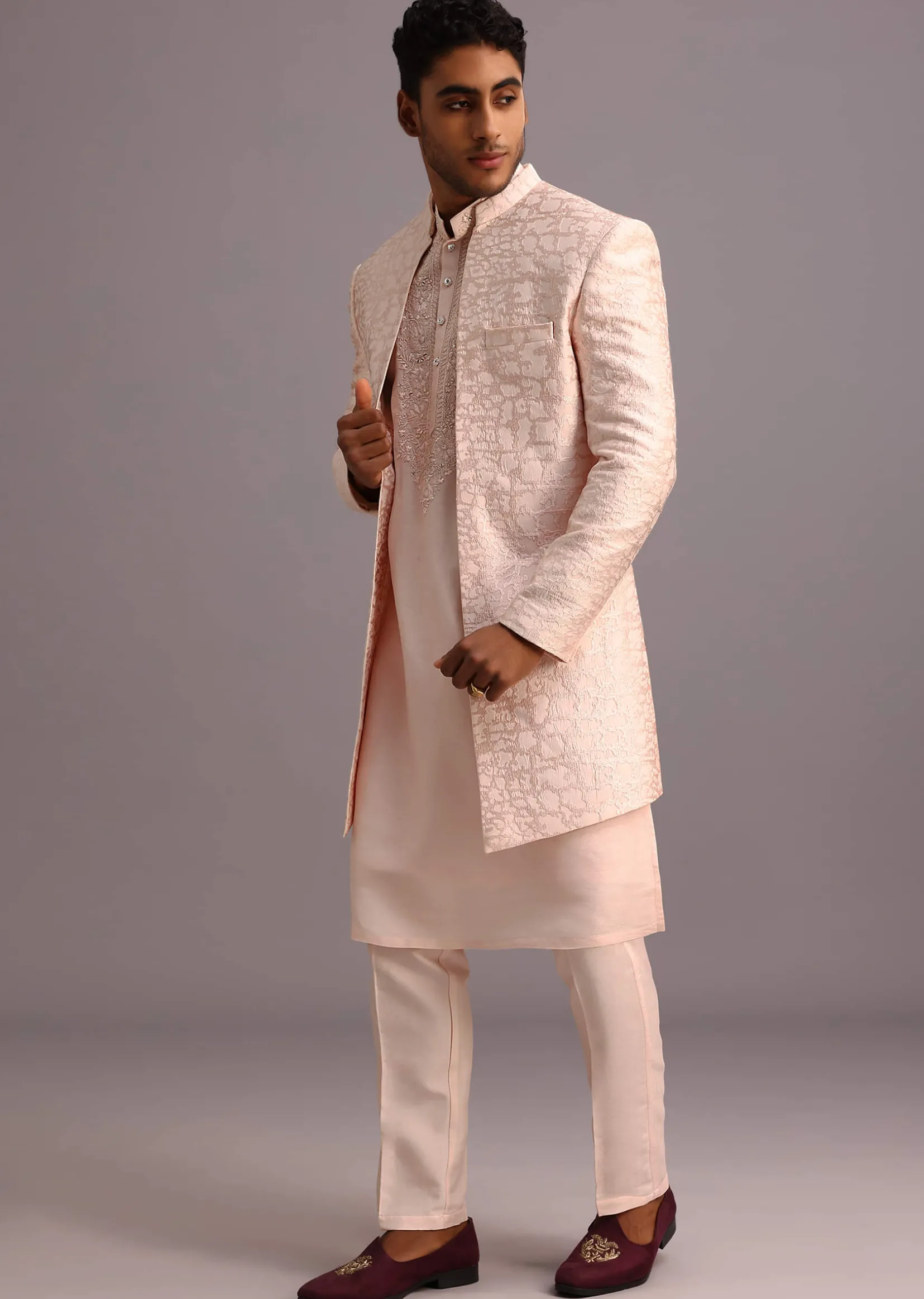 Peach Silk Thread Resham Work Sherwani Set
