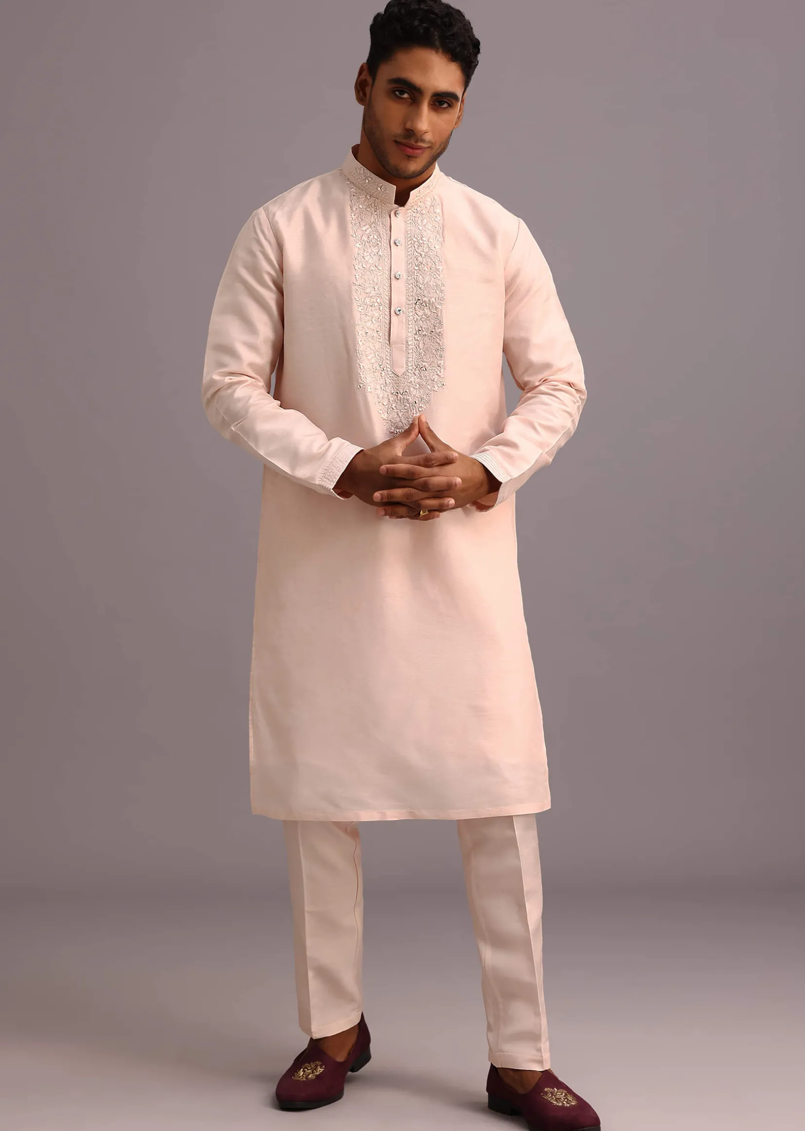 Peach Silk Thread Resham Work Sherwani Set