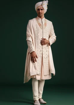 Peach Silk Zari Embroidered Sherwani Suit With Mala And Dupatta