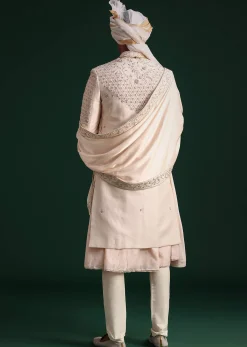 Peach Silk Zari Embroidered Sherwani Suit With Mala And Dupatta