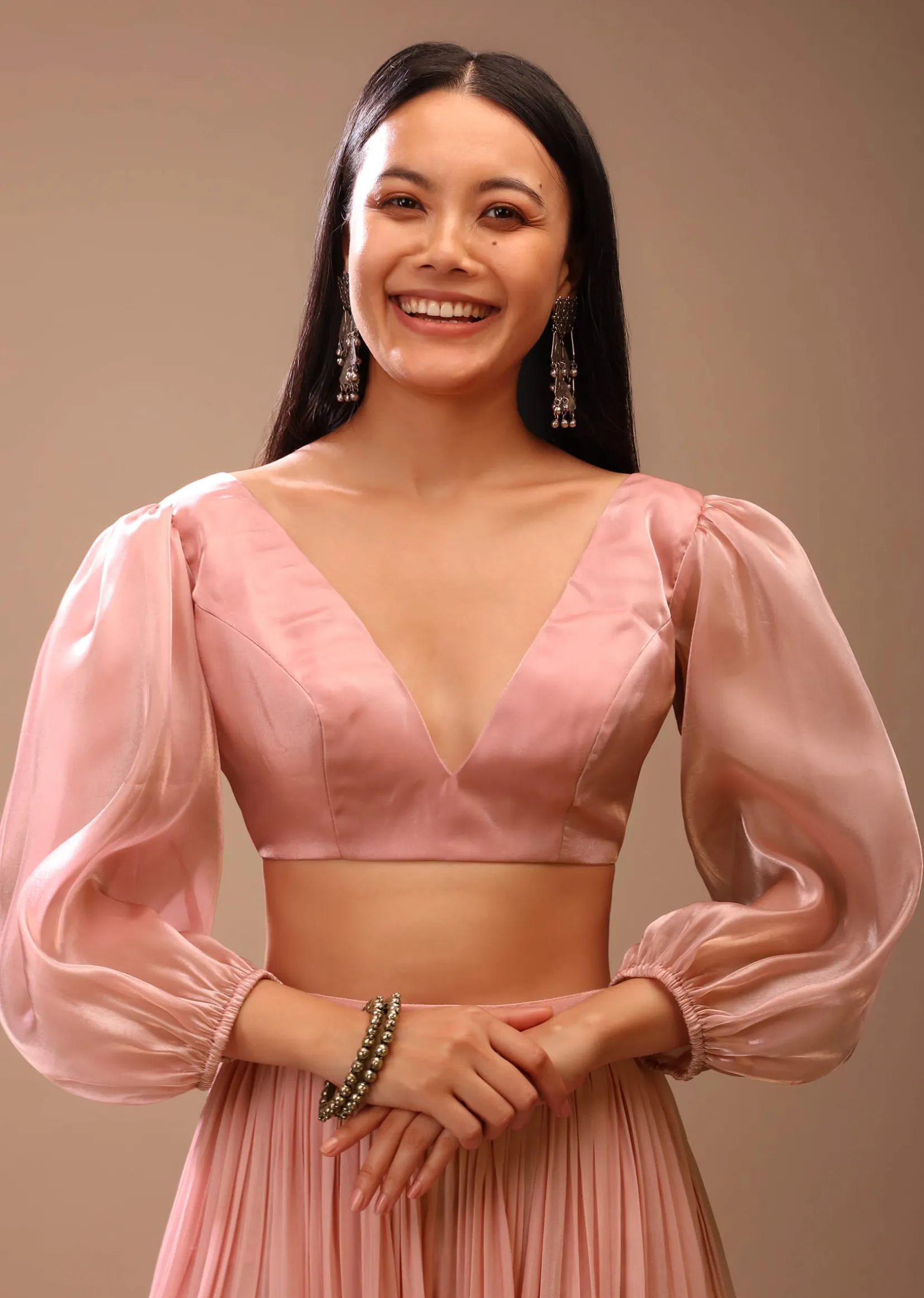Peach skin Blouse In Organza With Plunging V Neckline And Three Quarter Balloon Sleeves