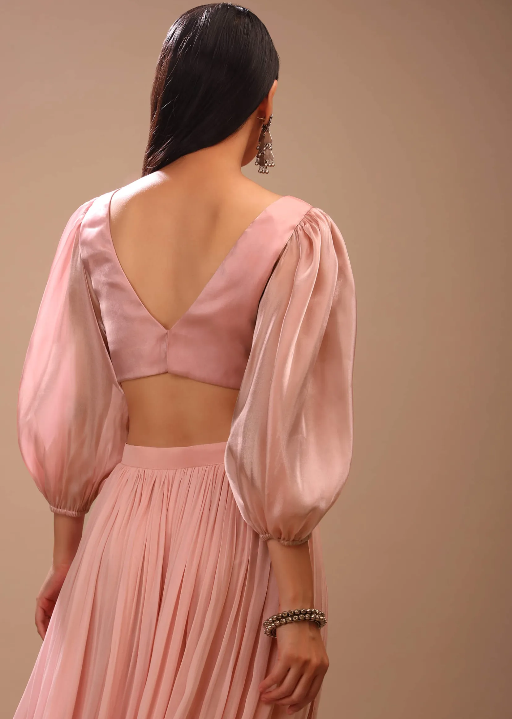 Peach skin Blouse In Organza With Plunging V Neckline And Three Quarter Balloon Sleeves