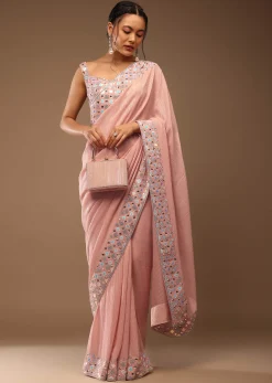 Peach Skin Saree With A Crop Top In Iridescent Foil Embellishment