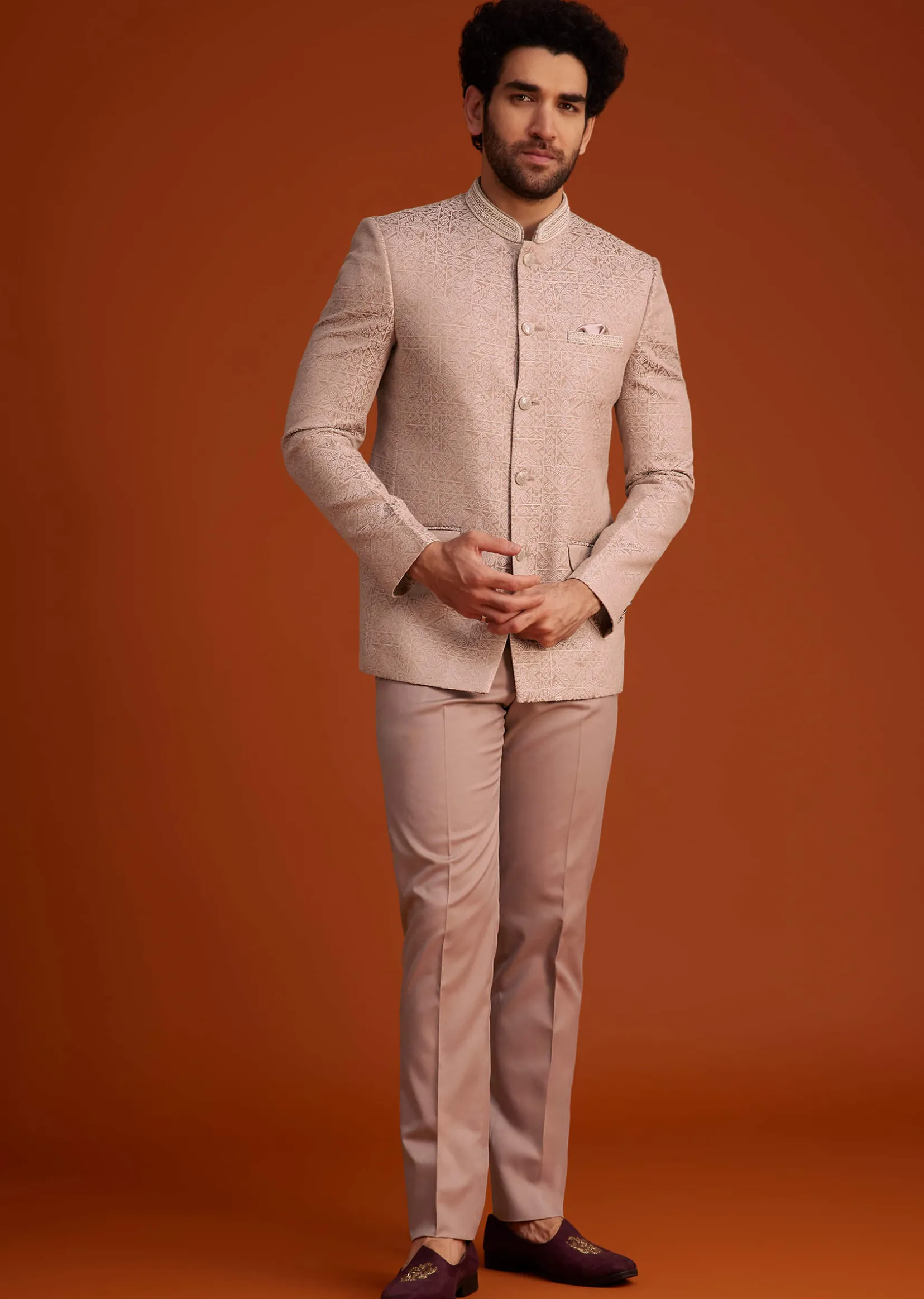 Peach Textured Jodhpuri Suit