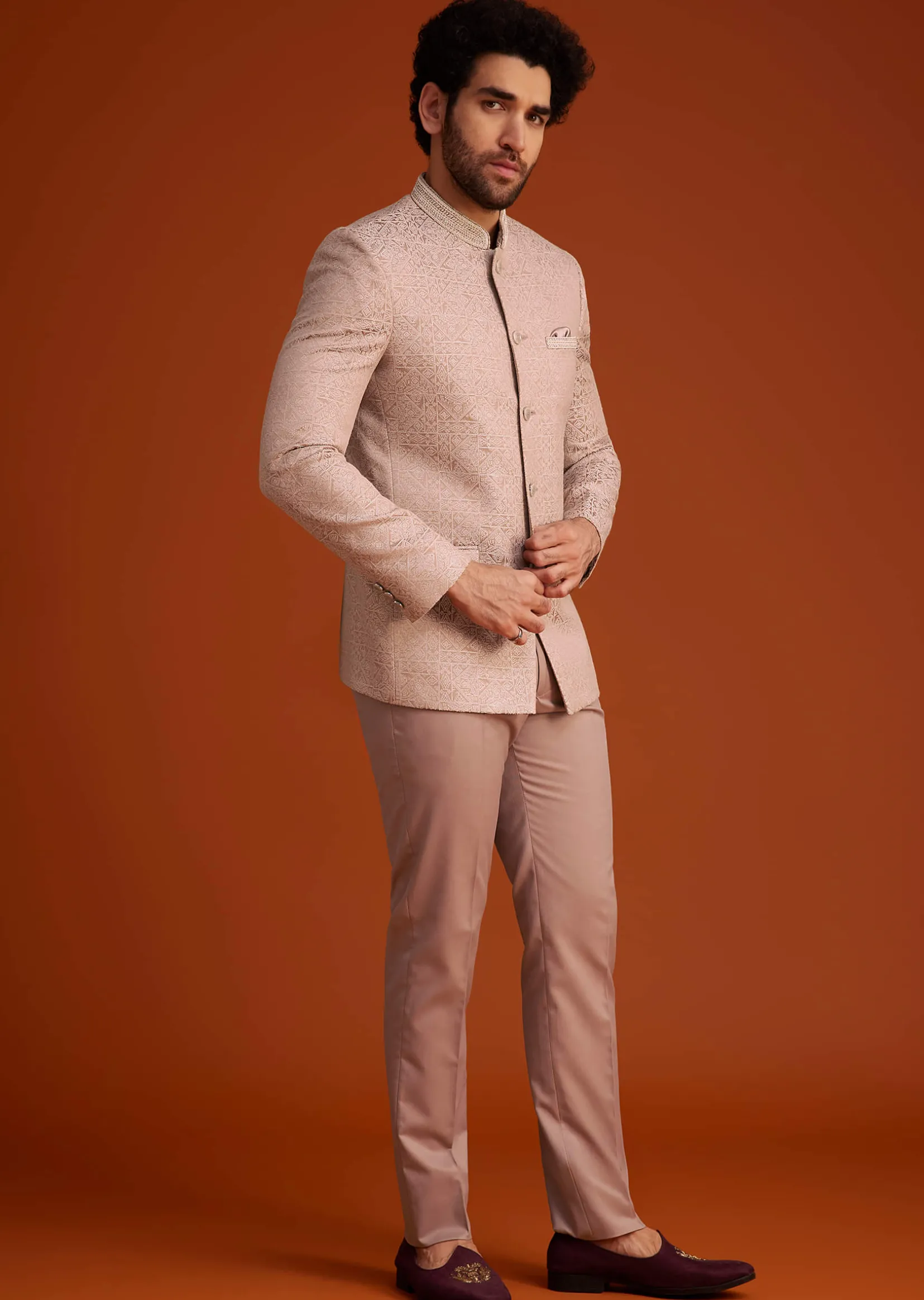 Peach Textured Jodhpuri Suit