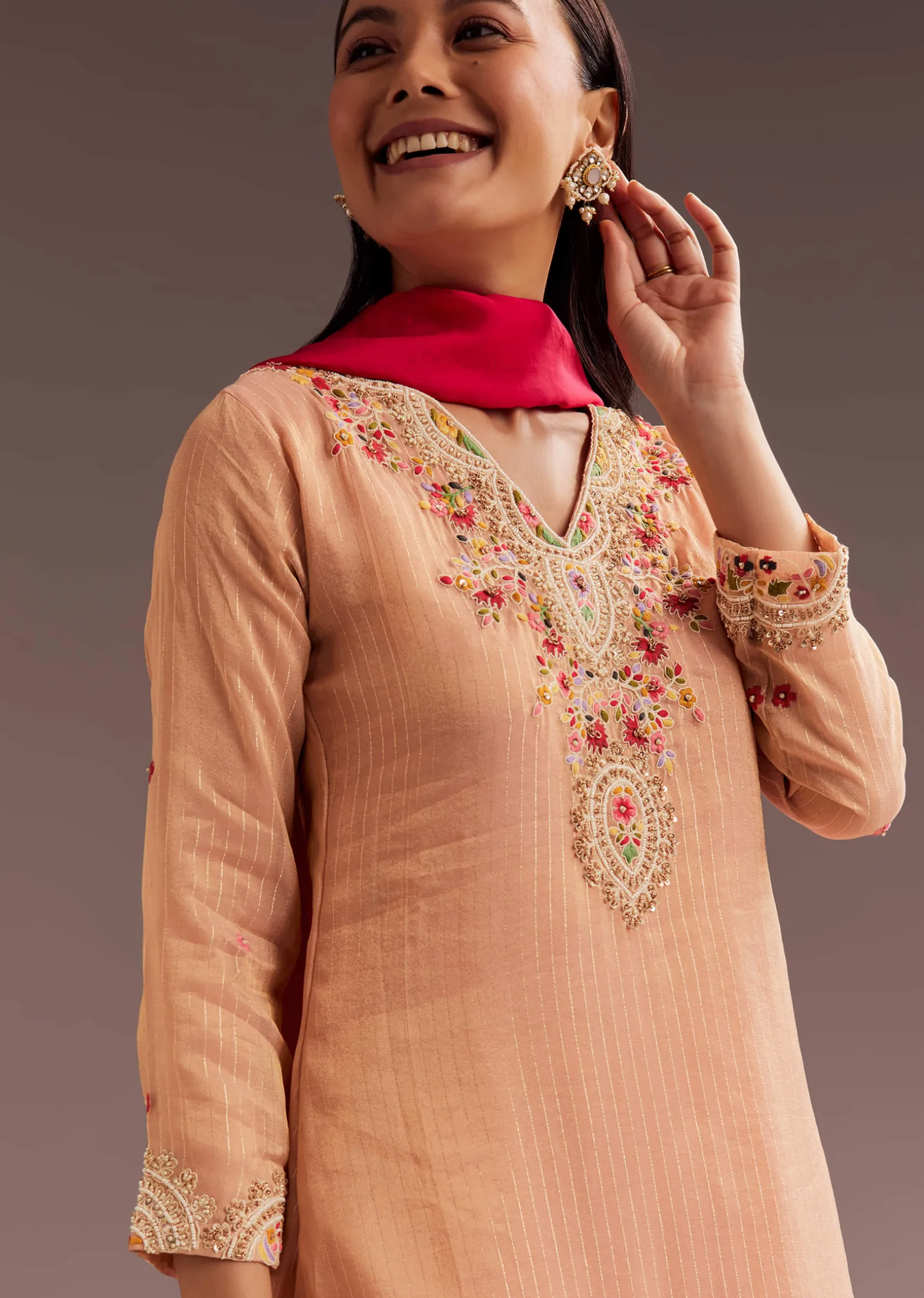 Peach Thread Moti Kurta Palazzo Dupatta Set