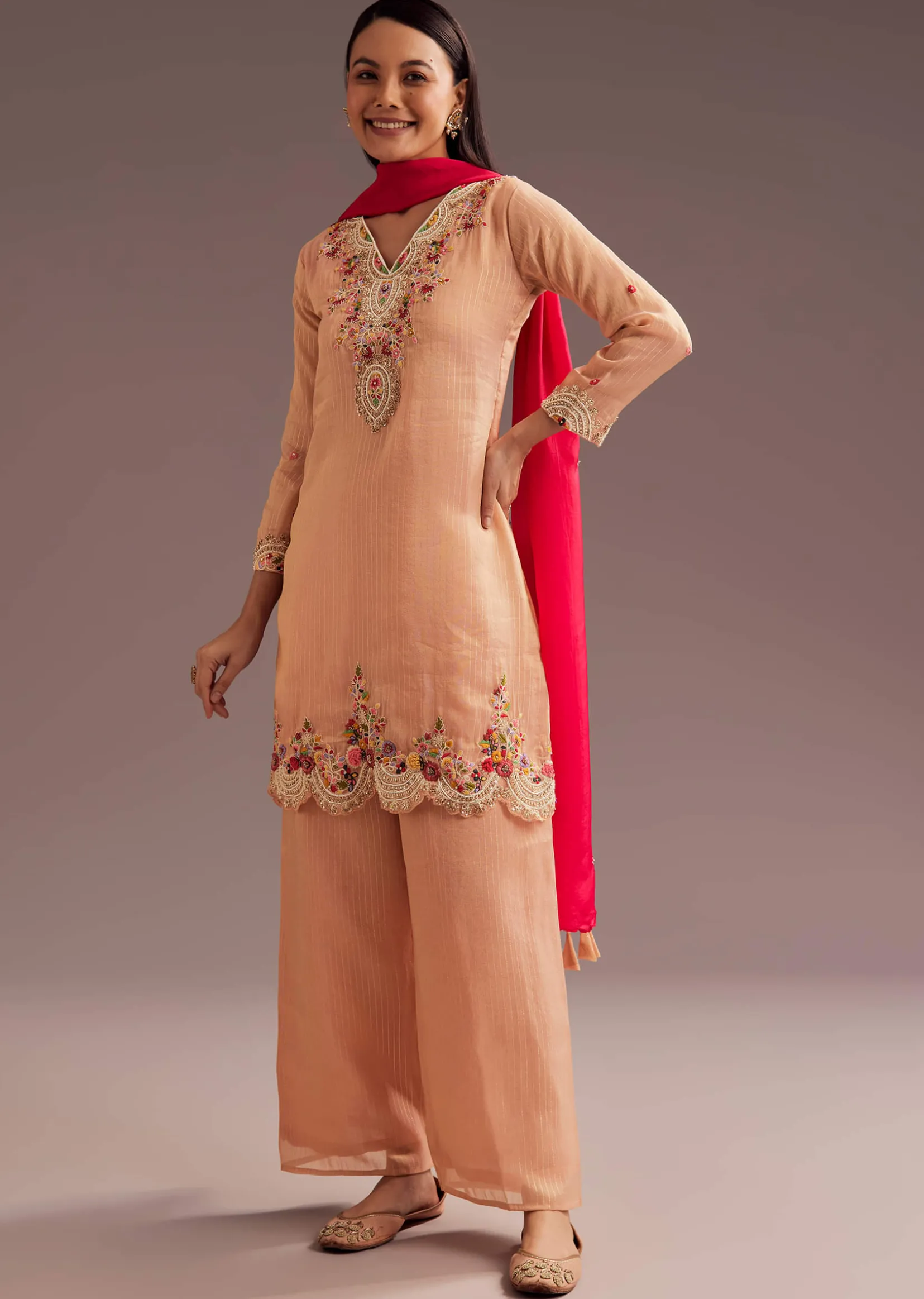 Peach Thread Moti Kurta Palazzo Dupatta Set