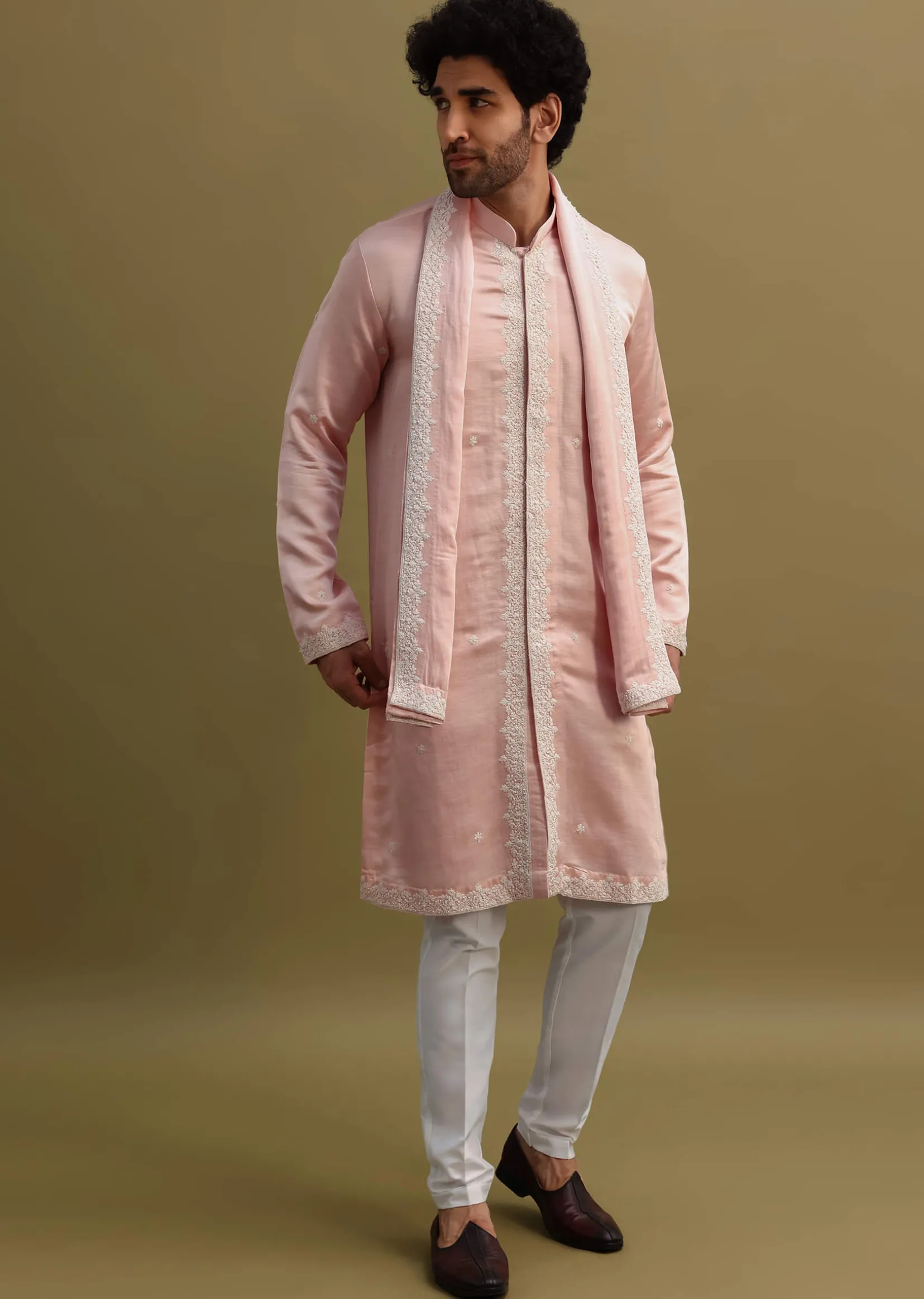 Peach Thread Work Kurta With Dupatta Set