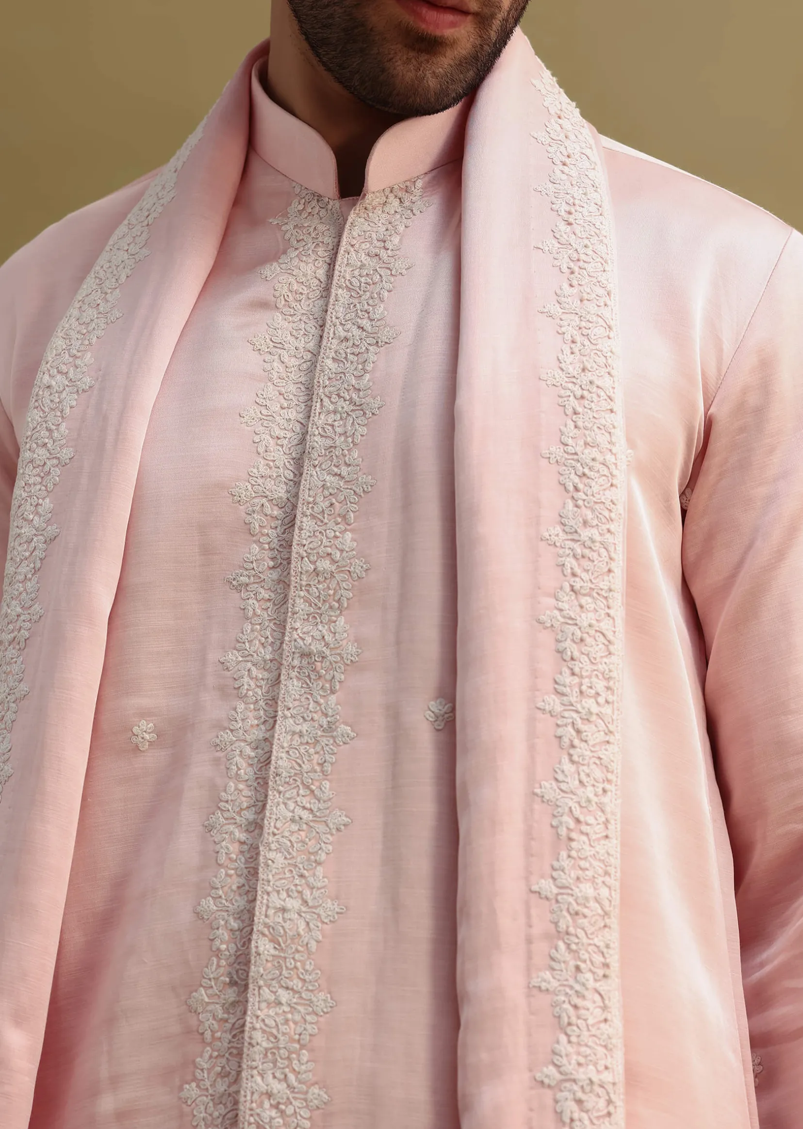Peach Thread Work Kurta With Dupatta Set