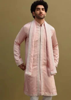 Peach Thread Work Kurta With Dupatta Set