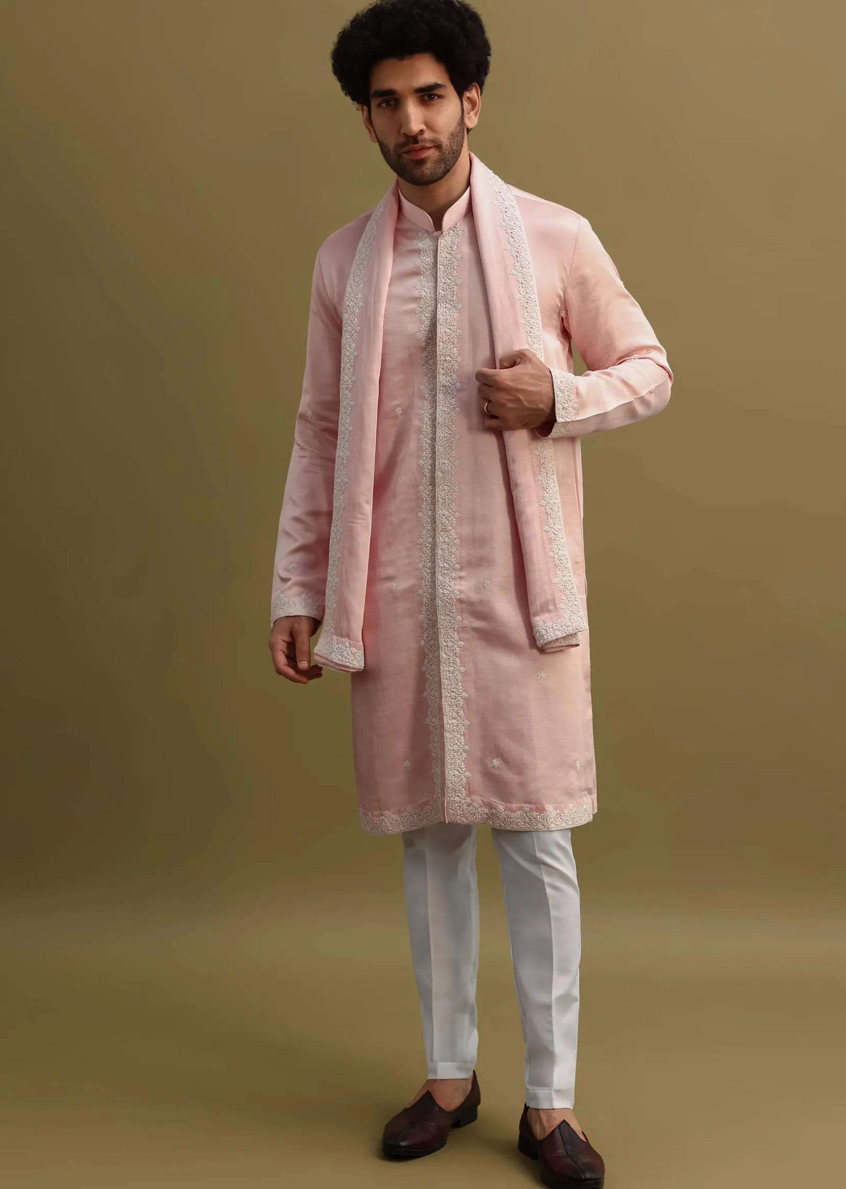 Peach Thread Work Kurta With Dupatta Set