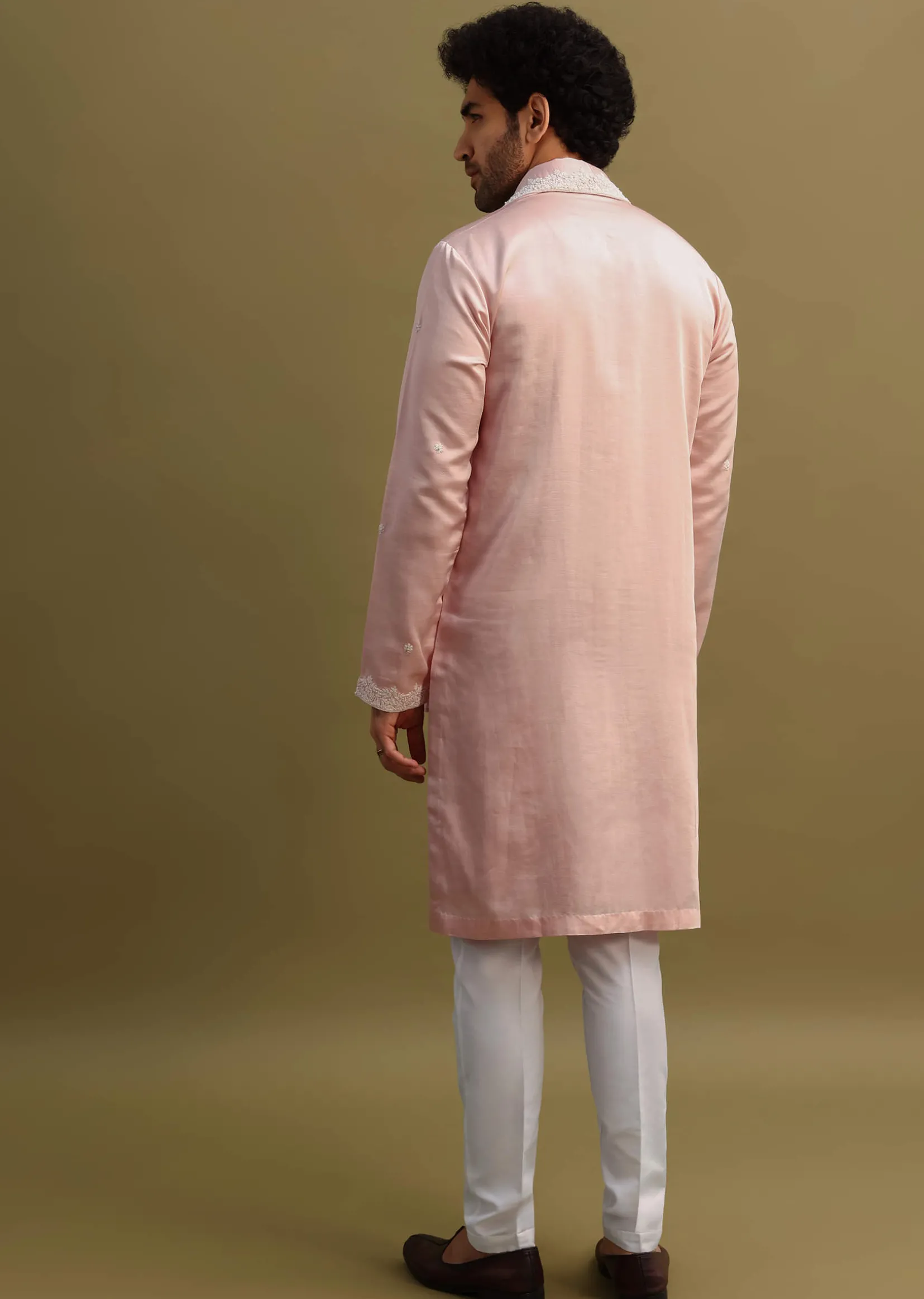 Peach Thread Work Kurta With Dupatta Set