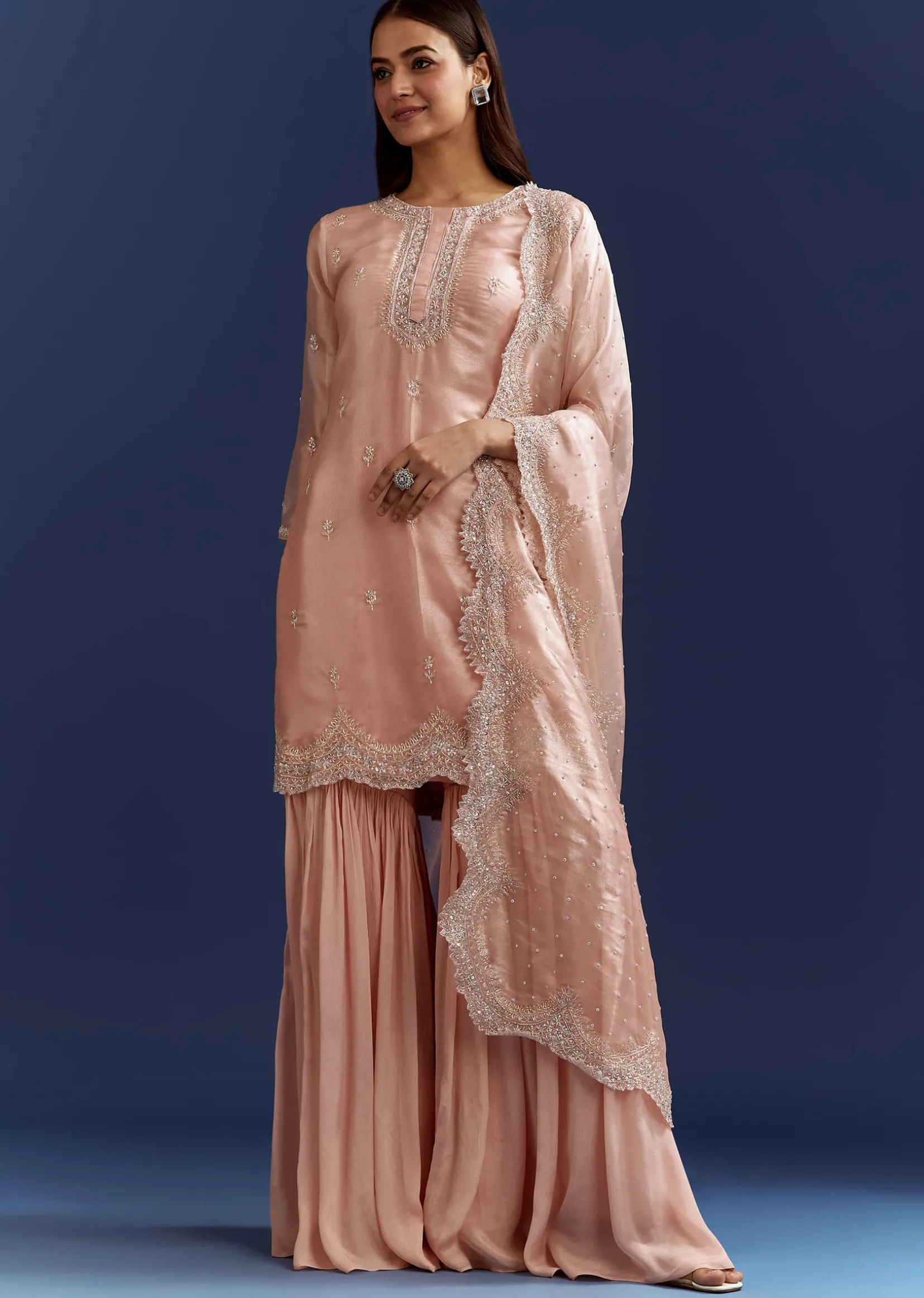 Peach Tissue Cutdana Kurta With Stone Work Dupatta In Tissue