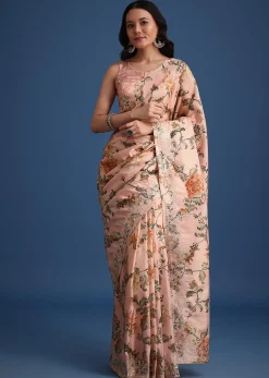 Peach Tissue Muslin Digital Print Saree With Pitta Work Border