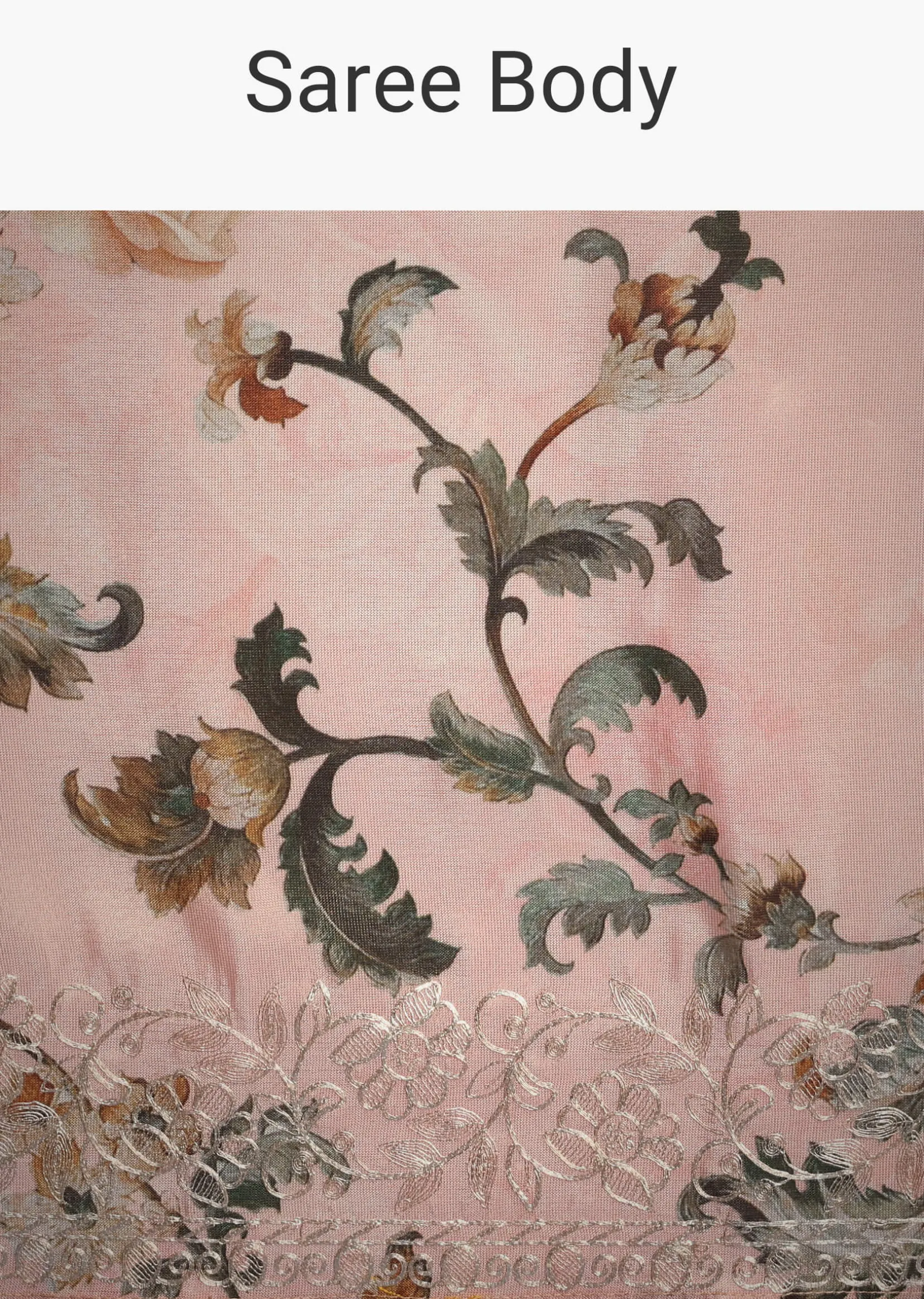 Peach Tissue Muslin Digital Print Saree With Pitta Work Border