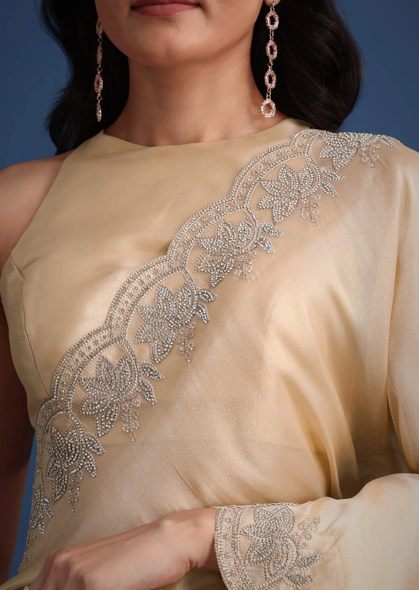 Peach Tissue Saree With Diamonds Embroidered Border