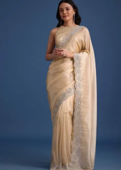 Peach Tissue Saree With Diamonds Embroidered Border