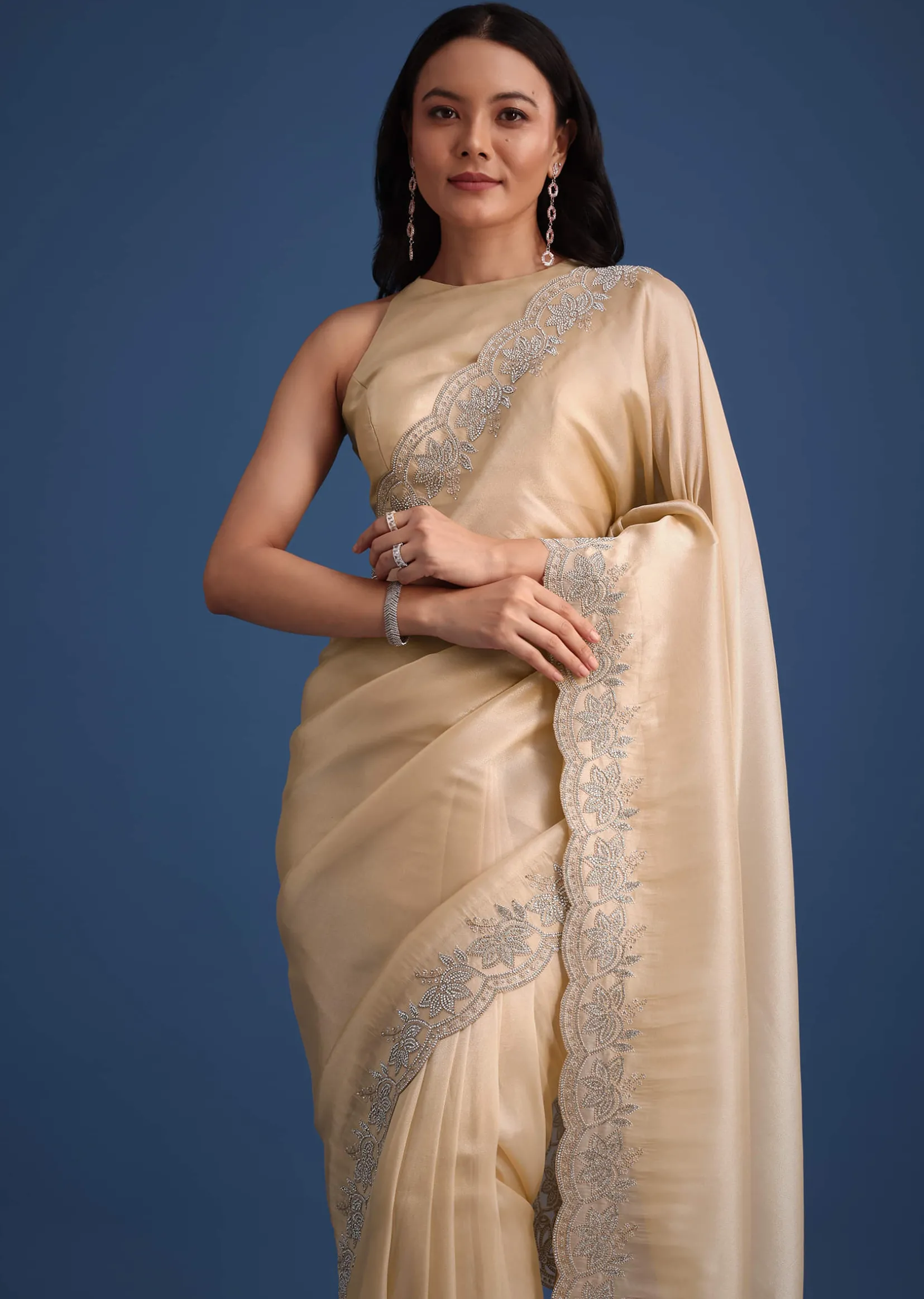 Peach Tissue Saree With Diamonds Embroidered Border