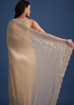 Peach Tissue Saree With Diamonds Embroidered Border