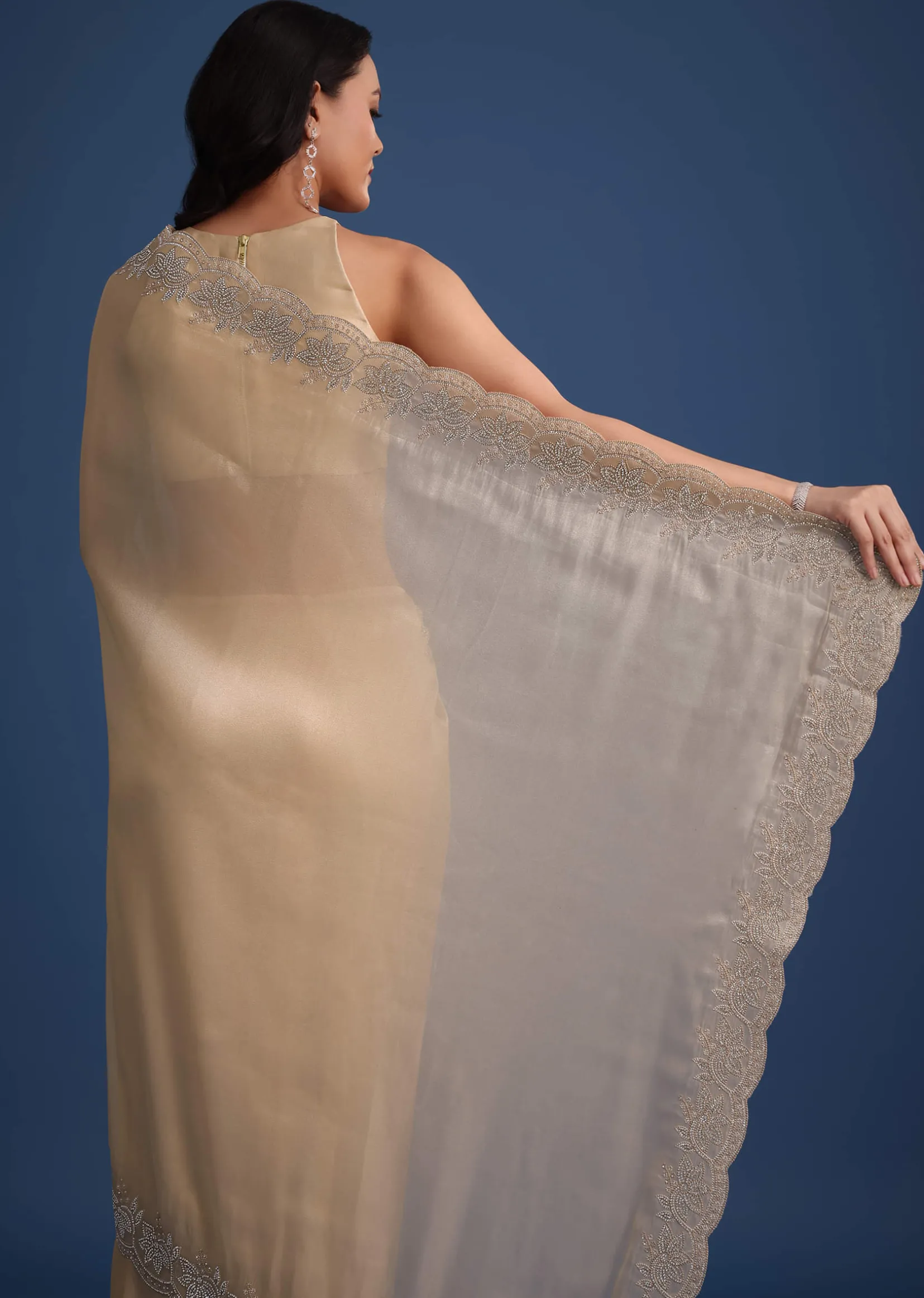 Peach Tissue Saree With Diamonds Embroidered Border