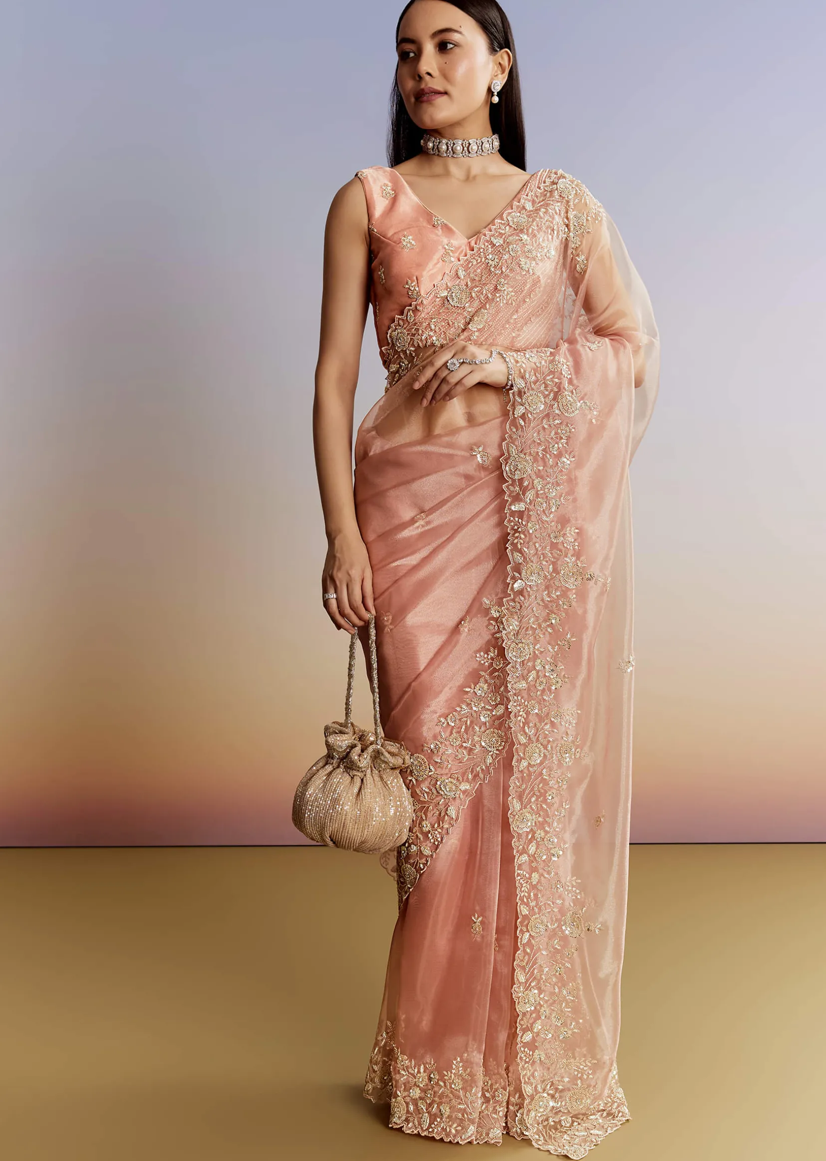 Peach Tissue Saree With Floral Moti And Cutdana Embroidery