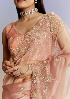Peach Tissue Saree With Floral Moti And Cutdana Embroidery