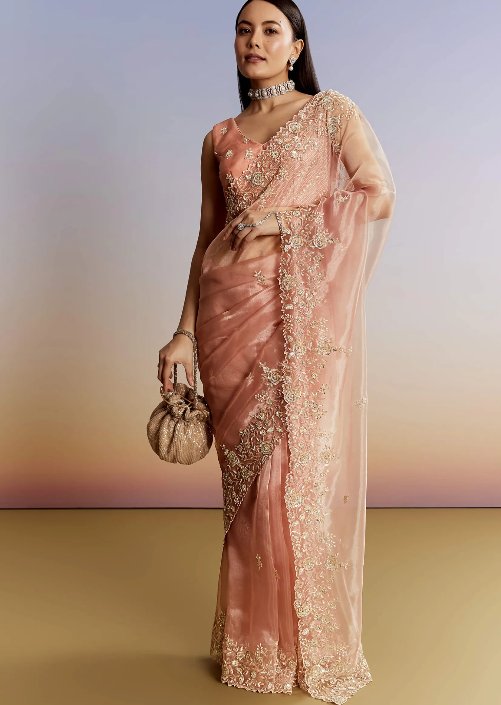 Peach Tissue Saree With Floral Moti And Cutdana Embroidery