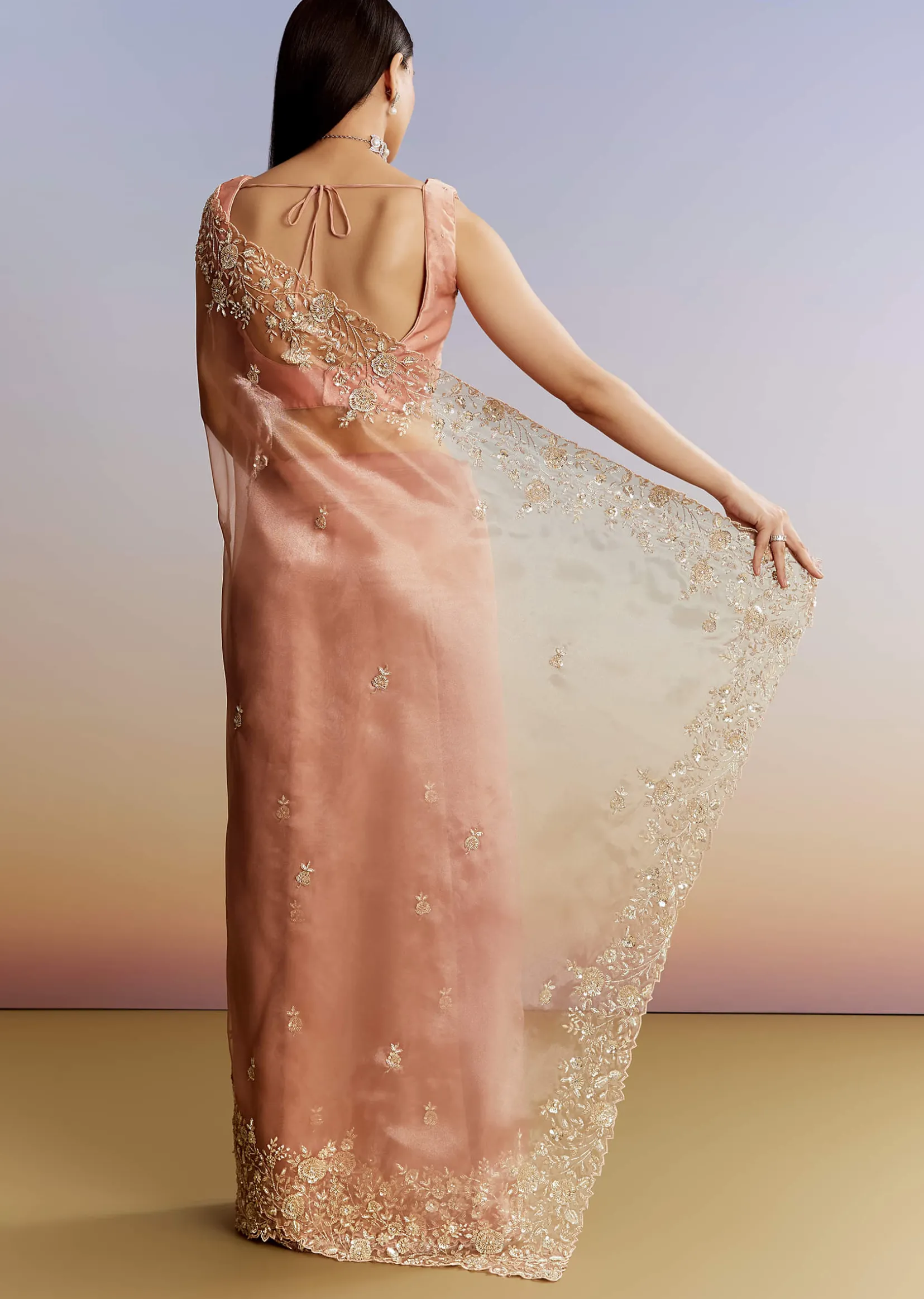 Peach Tissue Saree With Floral Moti And Cutdana Embroidery