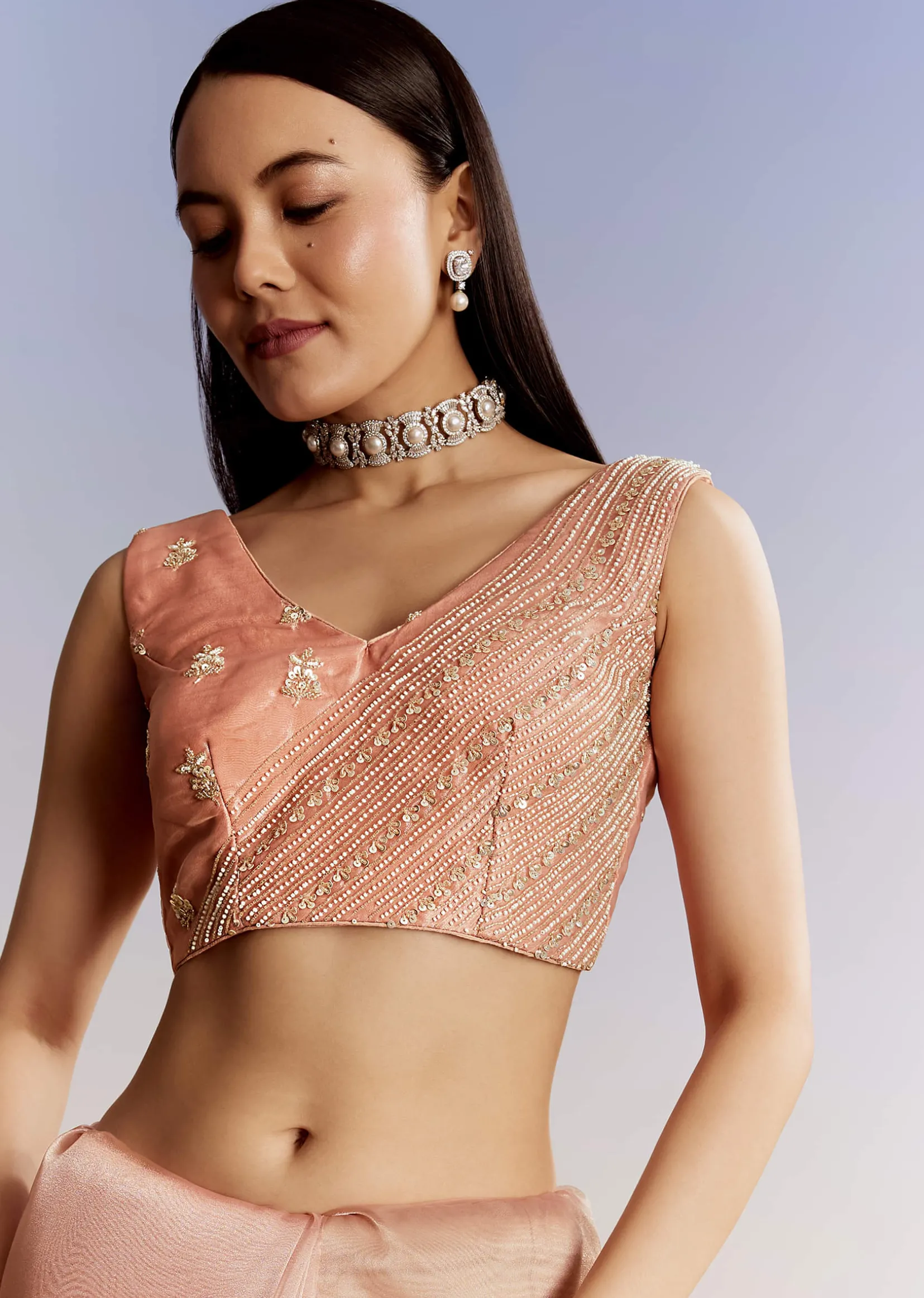Peach Tissue Saree With Floral Moti And Cutdana Embroidery