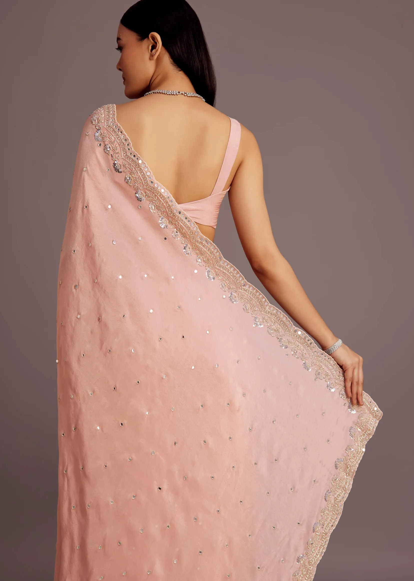 Peach Tissue Saree With Mirror Embroidered Border