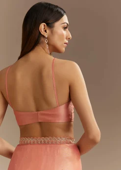 Peach Tissue Saree With Stones Cutdana Embellishments And Scallop Border