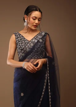 Peacoat Blue Saree With The Crop In Stones Embellishment