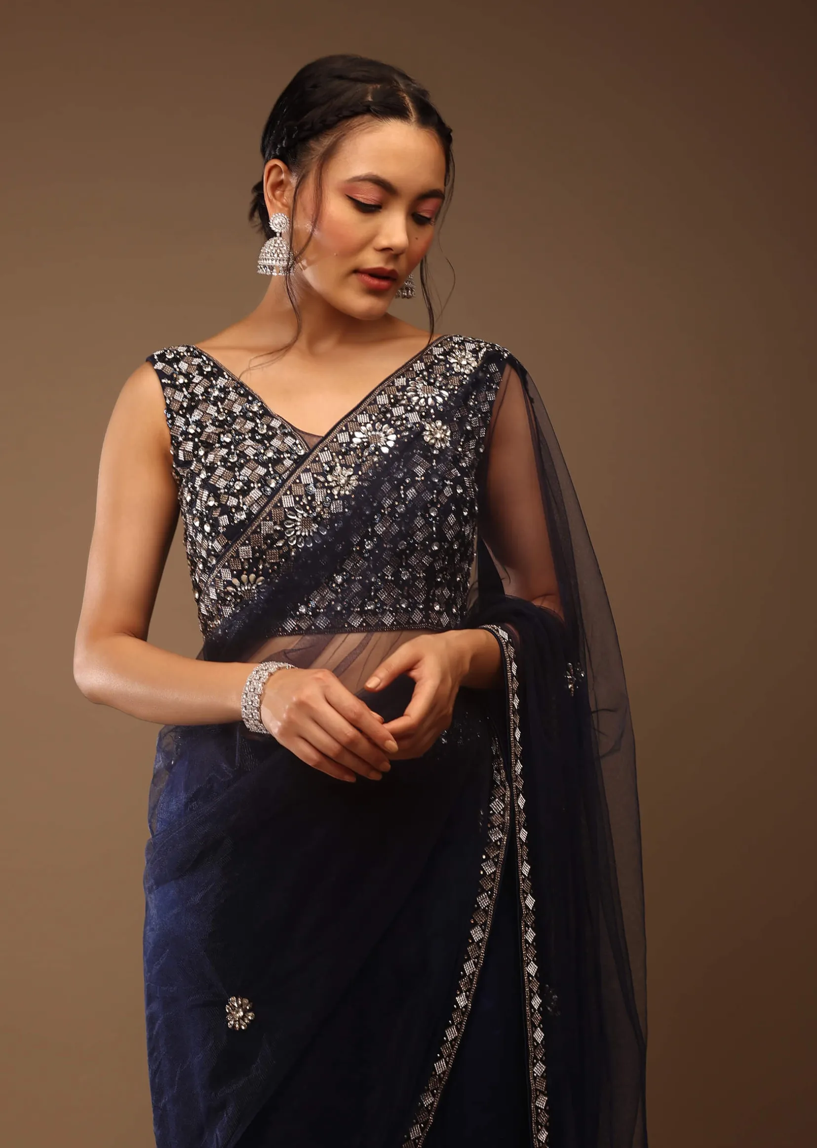 Peacoat Blue Saree With The Crop In Stones Embellishment