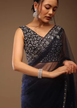 Peacoat Blue Saree With The Crop In Stones Embellishment